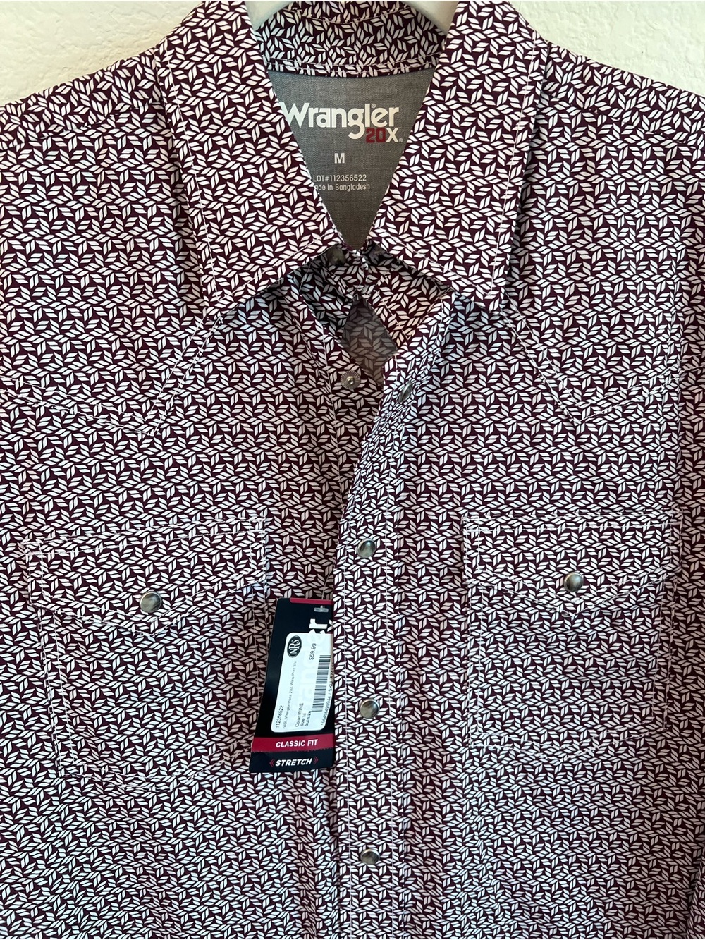 Wrangler Western Men’s Maroon & White Patterned Button-Down Shirt NWT